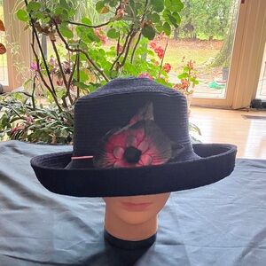 Elegant Black Chenille Hat with Pink Black Floral Accent